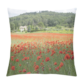 Personality  House In French Provence Area With Field Full Of Red Blooming Poppies Pillow Covers