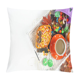 Personality  Halloween Concept With Tray Of Candy And Treats, Flat Lay Overhead. Pillow Covers
