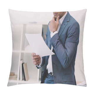 Personality  Cropped Shot Of Thoughtful Businessman Reading Business Paper At Office Pillow Covers