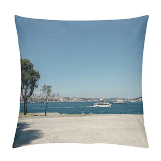 Personality  Trees On Seafront And Ships On Water In Istanbul, Turkey  Pillow Covers