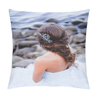 Personality  Gorgeous Brunette European Type Sits In Profile On The Beach, Looking Romantically Into The Distance. He Turned His Back .Beautiful Hair Decoration Handmade Pillow Covers