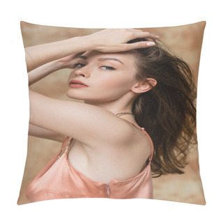 Personality  Sexy Young Woman With Brunette Hair Posing In Pink Slip Dress With Hands Near Hair On Mottled Beige Background, Sophistication, Sensuality, Elegance, Looking At Camera   Pillow Covers