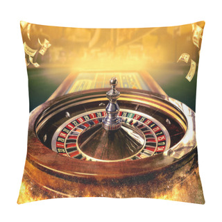 Personality  Collage Of Casino Images With A Close-up Vibrant Image Of Multicolored Casino Roulette Table With Poker Chips On Green Background With Golden Sparks Pillow Covers