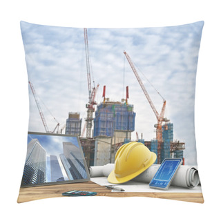 Personality  Blueprints And Safety Helmet Over A Table In Construction Site Pillow Covers