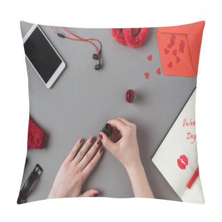Personality  Cropped Image Of Woman Painting Nails With Red Polish, Notebook With Words Valentines Day Pillow Covers