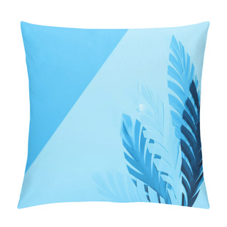 Personality  Top View Of Paper Leaves On Blue Minimalistic Background With Copy Space Pillow Covers