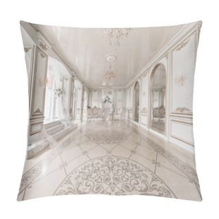 Personality  Luxurious Vintage Interior With Fireplace In The Aristocratic Style. Large Windows And Mirrors. Columns And Arches, Ornament On The Glossy Floor Pillow Covers