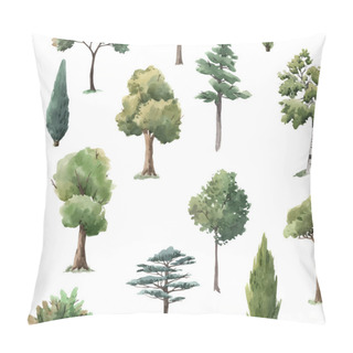 Personality  Watercolor Vector Tree Seamless Pattern Forest Oak Fir Birch, Thuja Linden Baobab Pine Pillow Covers
