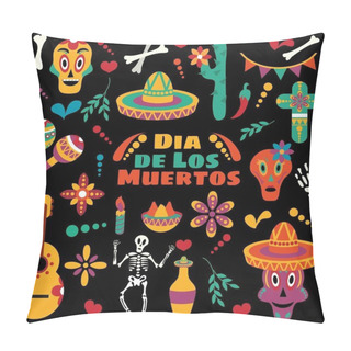 Personality  Vector Dia De Los Muertos. Set For The Celebration Of The Day Of The Dead. Decorated Skulls, Flowers, Skeleton, Cactus, Sambrero, Tequila, Guitar. Vector Illustration Background. Halloween. Pillow Covers