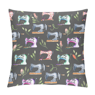 Personality  Seamless Pattern With Watercolor Retro Sewing Machines And Floral Elements Pillow Covers
