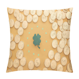 Personality  Top View Of Golden Coins With Dollar Signs And Circle Of Shamrocks Isolated On Orange, St Patrick Day Concept Pillow Covers