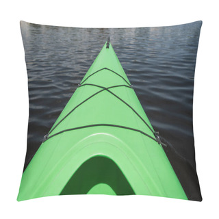 Personality  High Angle View Of Front Part Of Bright Green Sportive Kayak On Calm Water Surface In Summer, Water Recreation, Vacation Destination, Summer Gateaway, Concept Pillow Covers