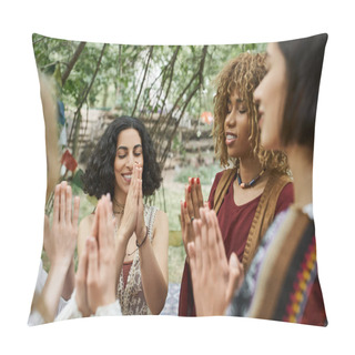 Personality  Smiling And Stylish Interracial Women Praying Together Outdoors In Retreat Center Pillow Covers