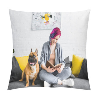 Personality  Beautiful Hipster Girl Sitting On Sofa Near Small French Bulldog And Reading Book Pillow Covers