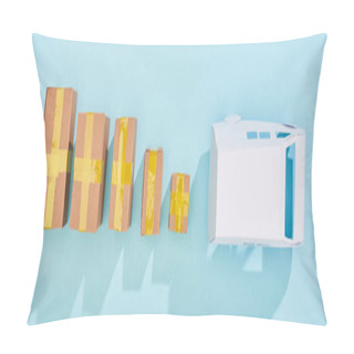 Personality  Panoramic Shot Of Closed Postal Boxes Near White Mini Van On Blue Background With Copy Space Pillow Covers