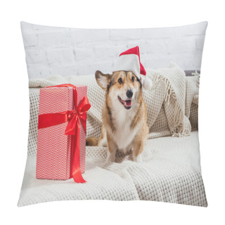 Personality  Pembroke Welsh Corgi In Santa Hat With Christmas Present On Sofa Pillow Covers