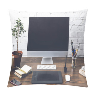 Personality  Desktop Computer With Blank Screen And Digital Devices At Designer Workplace Pillow Covers