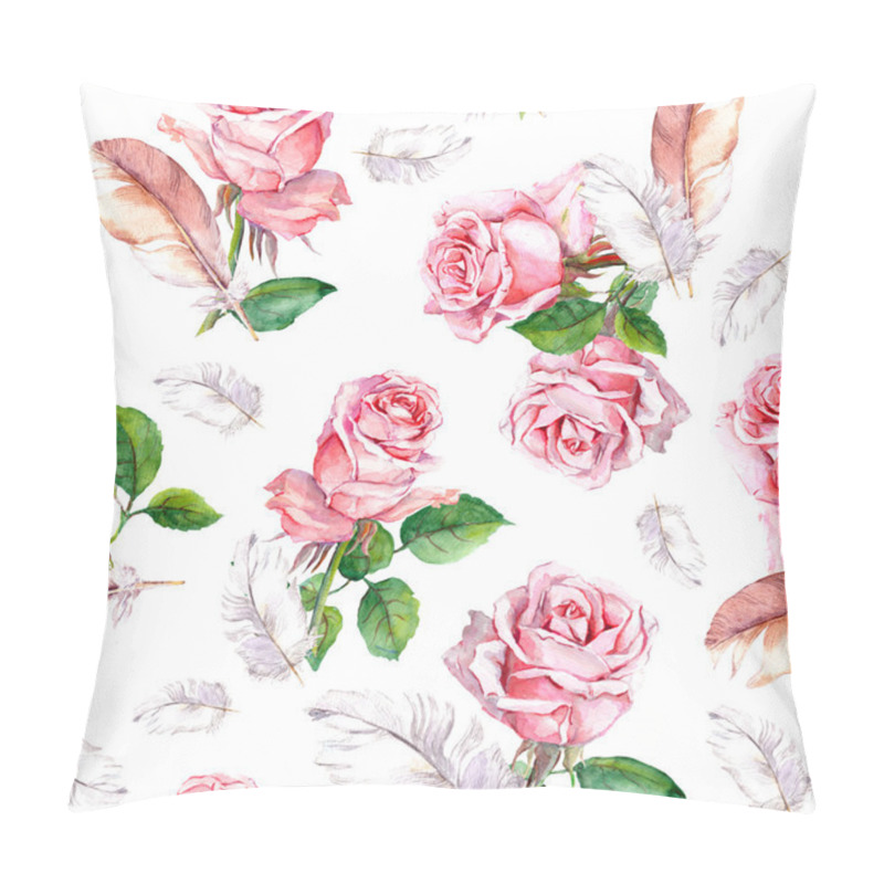Personality  Repeating floral pattern with pink rose flowers and feathers. Watercolor  pillow covers