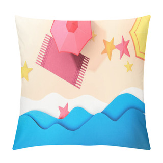 Personality  Top View Of Paper Beach With Starfishes, Towel And Umbrellas On Sand Near Sea With Waves Pillow Covers