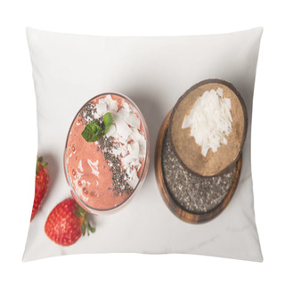 Personality  Top View Of Tasty Smoothie With Coconut Flakes In Glass Near Tasty Strawberries On White  Pillow Covers