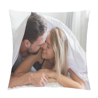 Personality  A Couple In Bed Look At Camera And Smile With Happy Lover Pillow Covers