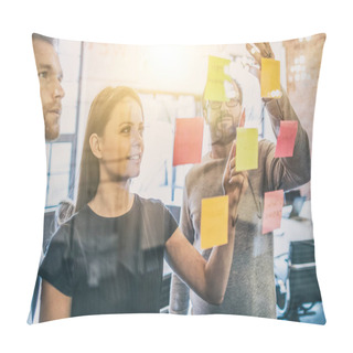 Personality  Young Business People By Glass Wall With Sticker Notes Pillow Covers