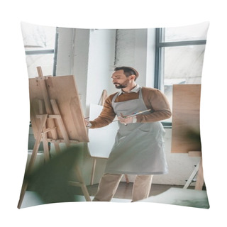 Personality  Selective Focus Of Mature Male Artist Painting On Easel In Art Studio Pillow Covers