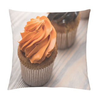 Personality  Selective Focus Of Delicious Halloween Orange Cupcake On Wooden Table Pillow Covers