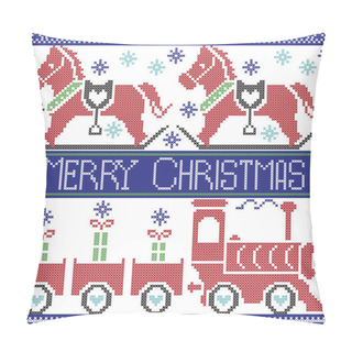 Personality  Dark Blue, Red , Light Blue, Black , Red And Green Merry Christmas Scandinavian Seamless Nordic Pattern With Gravy Train, Xmas Gifts, Hearts, Rocking  Pony Horse, Stars, Snowflakes In Cross Stitch Pillow Covers