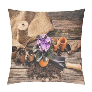 Personality  Planting A Potted Plant On Natural Wooden Background In Garden Pillow Covers