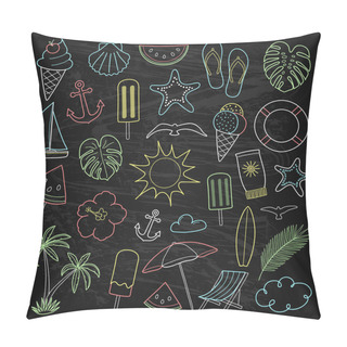 Personality  Summer Icons - Blackboard With Sketchy Elements. Vector. Pillow Covers