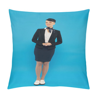 Personality  Full Length Of Young Attractive Stewardess In Elegant Uniform Smiling On Blue Background In Studio Pillow Covers