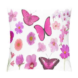 Personality  Set Of Pink Color Flowers And Butterflies Isolated On White Pillow Covers
