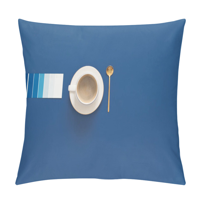 Personality  Classic Blue. Color Of The Year 2020. Top View Of Workspace With Pillow Covers