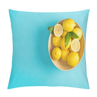 Personality  Top View Of Fresh Lemons With Leaves In Wooden Plate On Turquoise Background Pillow Covers