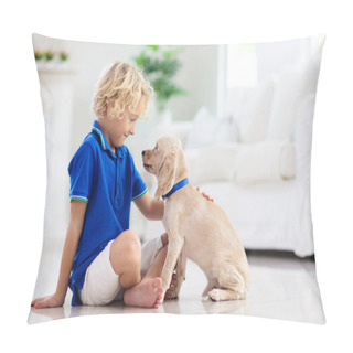 Personality  Child Playing With Baby Dog. Kids Play With Puppy. Little Boy And American Cocker Spaniel At Couch At Home. Children And Pets At Home. Kid Sitting On The Floor With Pet. Animal Care. Pillow Covers