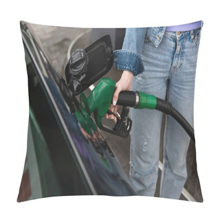 Personality  Cropped View Of Woman In Jeans Fueling Car On Gas Station Pillow Covers