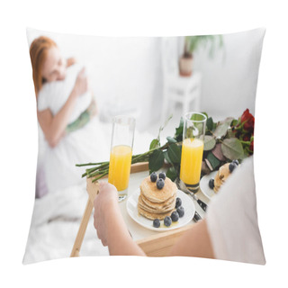 Personality  Lesbian Woman Holding Tray With Breakfast And Red Roses Near Girlfriend In Bed On Blurred Background Pillow Covers
