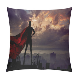 Personality  Portrait Of Young Hero Woman With Super Person Red Cape Guard City Pillow Covers
