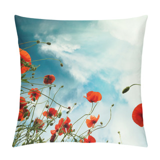 Personality  Sky Background With Red Poppies Flowers Pillow Covers