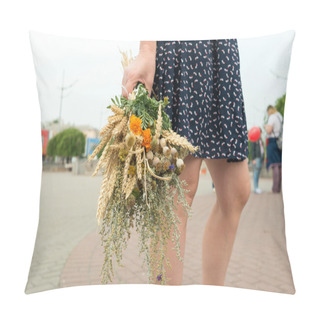 Personality  Young Woman Holds Motley Grass Bouquet During Macovei Celebratio Pillow Covers