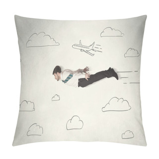 Personality  Cheerful Business Person Flying Between Hand Drawn Sky Clouds Pillow Covers