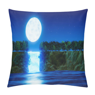 Personality  Waterfall Cliff. Full Moon Night. Blue Tone. Forest Nature. Mountains And Waterfalls. Glowing At Night. Fantasy Style. 3D Rendering. Pillow Covers