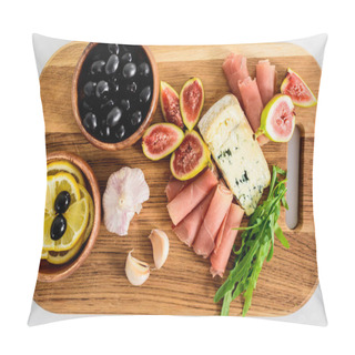 Personality  Top View Of Delicious Snacks On Wooden Board On Table  Pillow Covers