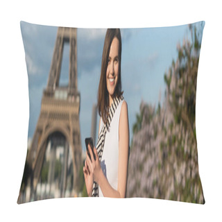 Personality  Happy Young Woman In Stylish Outfit Using Smartphone While Sitting Near Eiffel Tower In Paris, Banner Pillow Covers