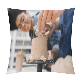Personality  Man Holding Clay Near Sculpture And Blurred African American Teacher In Pottery Workshop  Pillow Covers