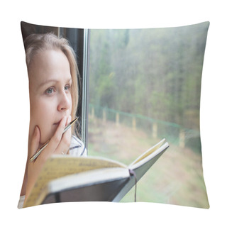 Personality  Young Woman On A Train Writing Notes Pillow Covers