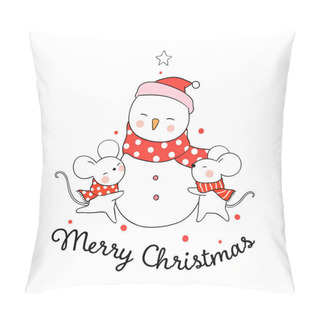 Personality  Drawn Rats Huggnig Snowman For Christmas Day And New Year. Vector Illustration Pillow Covers