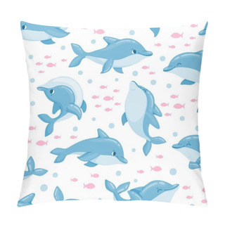 Personality  Cartoon Dolphin Seamless Pattern. Cute Baby Marine Print With Ocean Animal, Fish. Dolphins Swim And Jump. Sea Whale Dolphin Vector Texture Pillow Covers