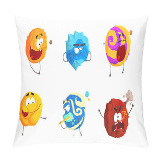 Personality  Comic Humanized Planets With Arms And Face With Different Emotions Vector Set Pillow Covers